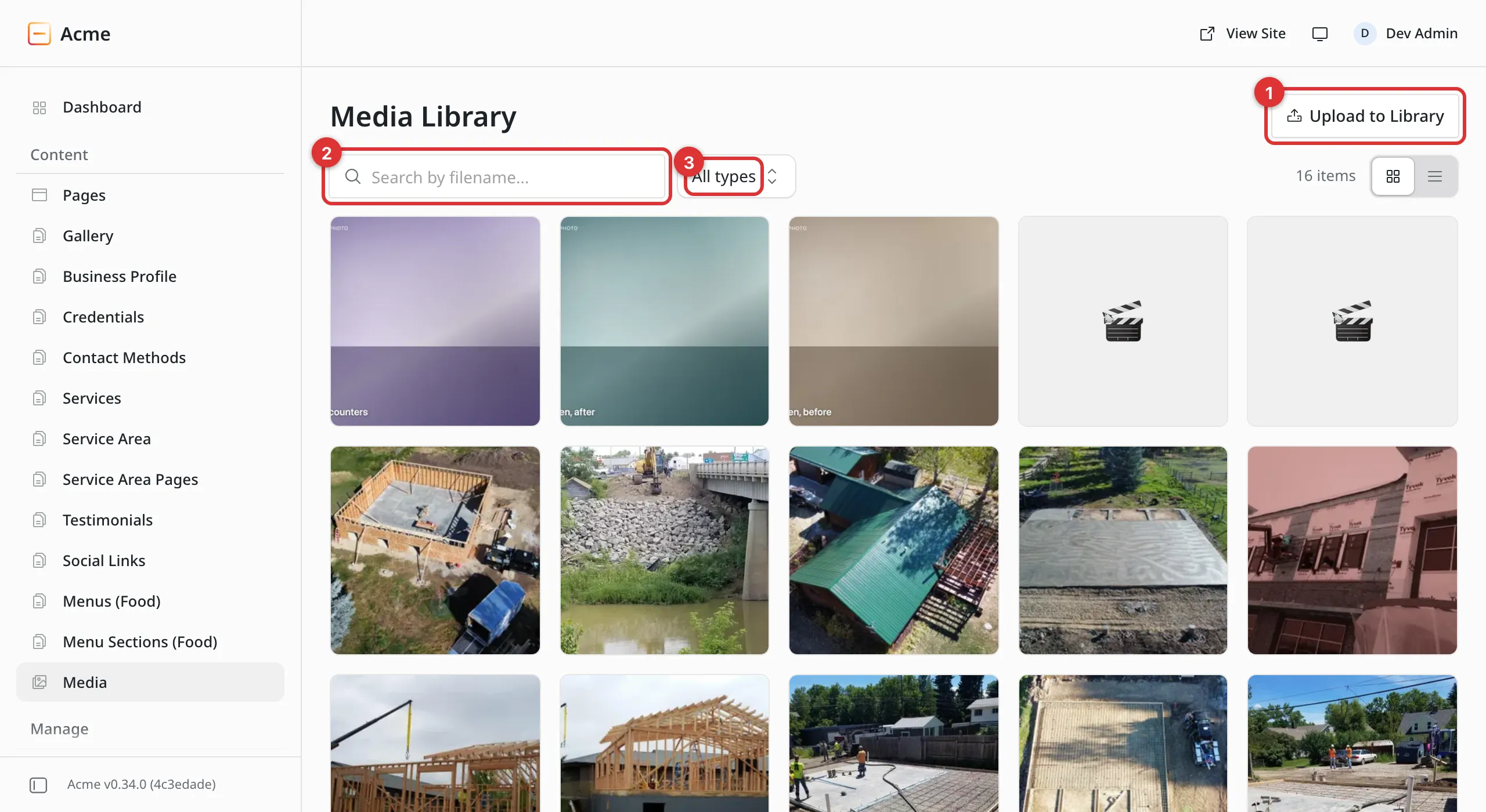 The Media Library. Three numbered marks: 1 on Upload to Library, 2 on the search box, 3 on the All types menu.