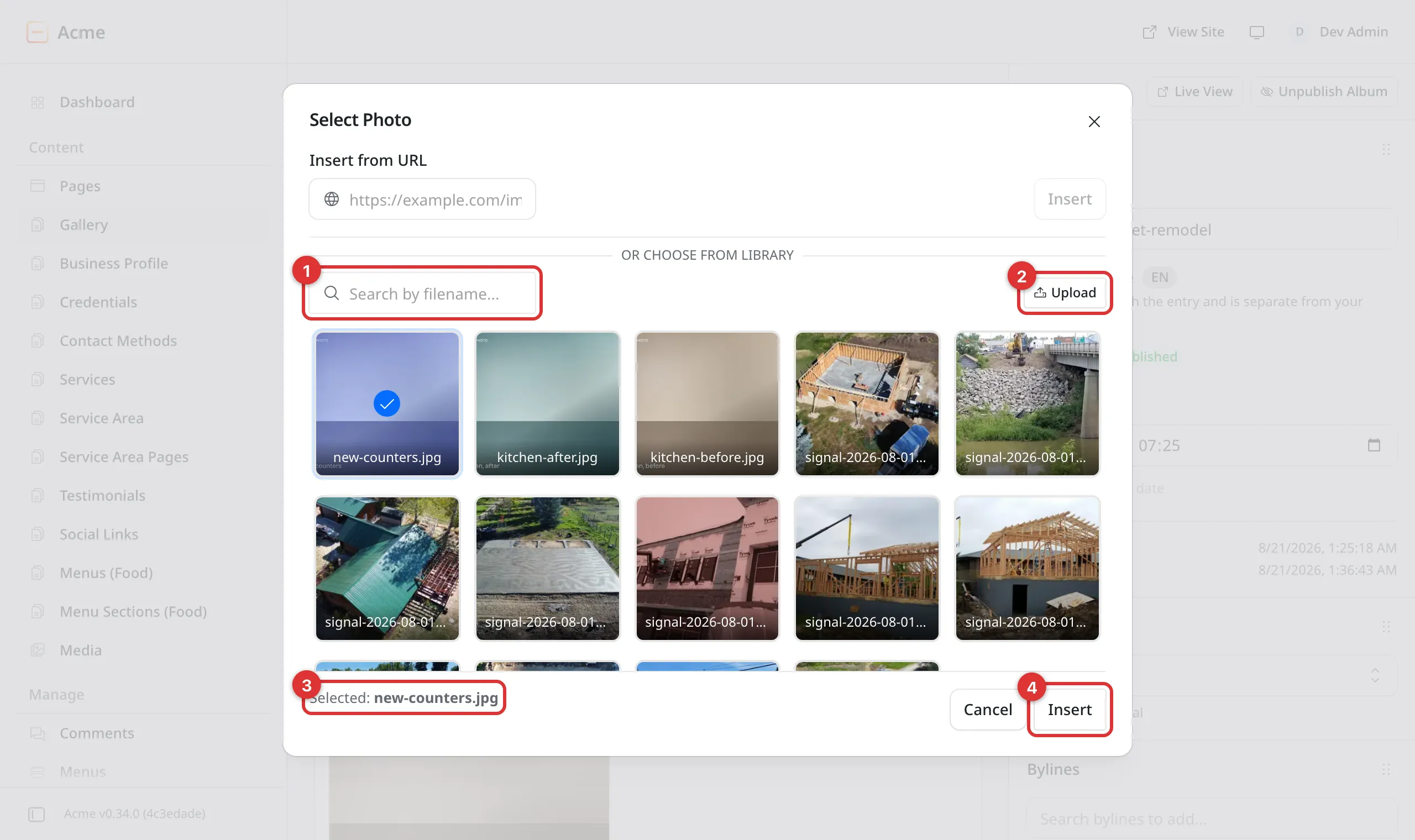 The photo picker. Four numbered marks: 1 on the search box, 2 on the Upload button, 3 on the selected file name at the bottom, 4 on the Insert button.
