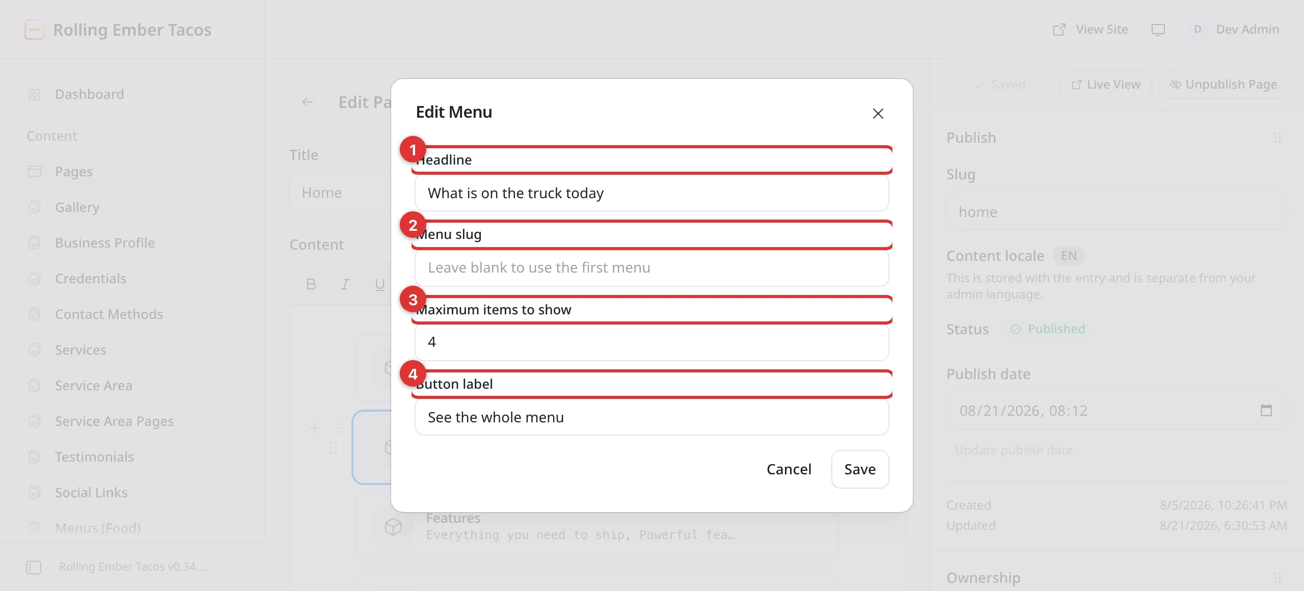 The Edit Menu block form with four numbered marks: 1 on Headline, 2 on Menu slug, 3 on Maximum items to show, 4 on Button label.