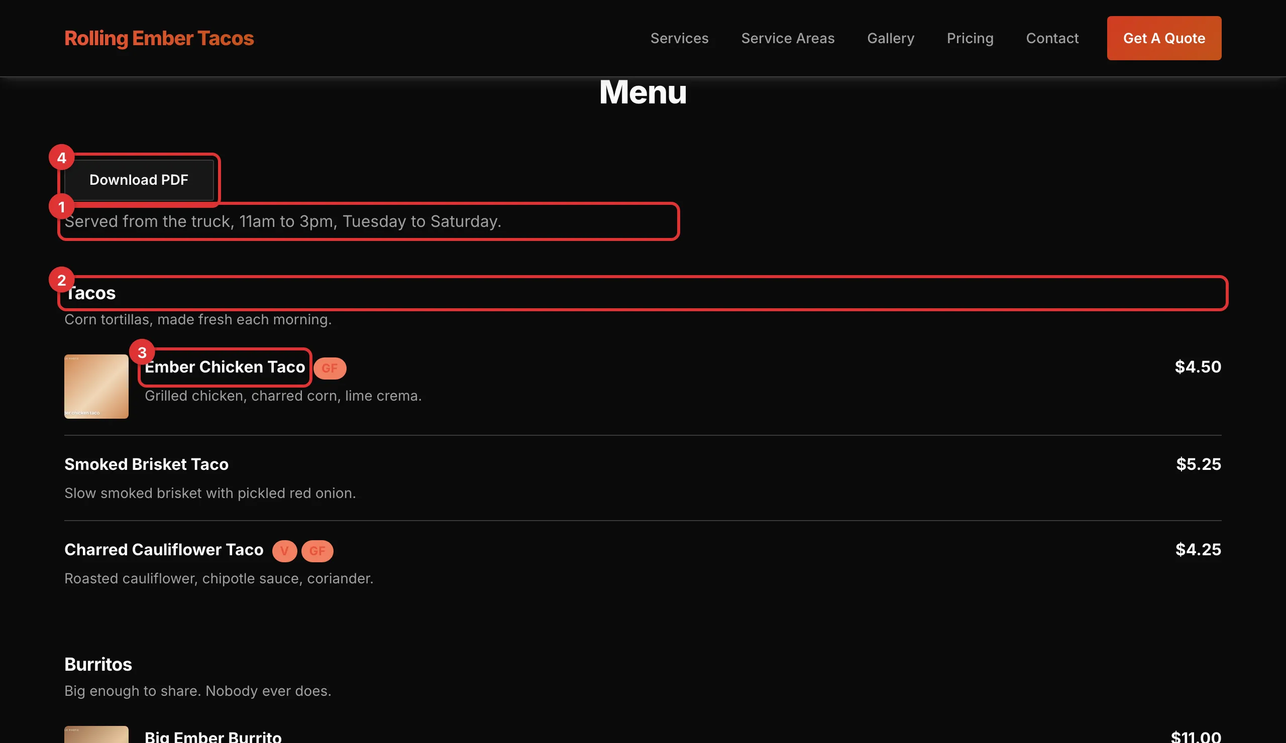 The live menu page with four numbered marks: 1 on the intro line, 2 on the Tacos heading, 3 on a dish name, 4 on the Download PDF button.