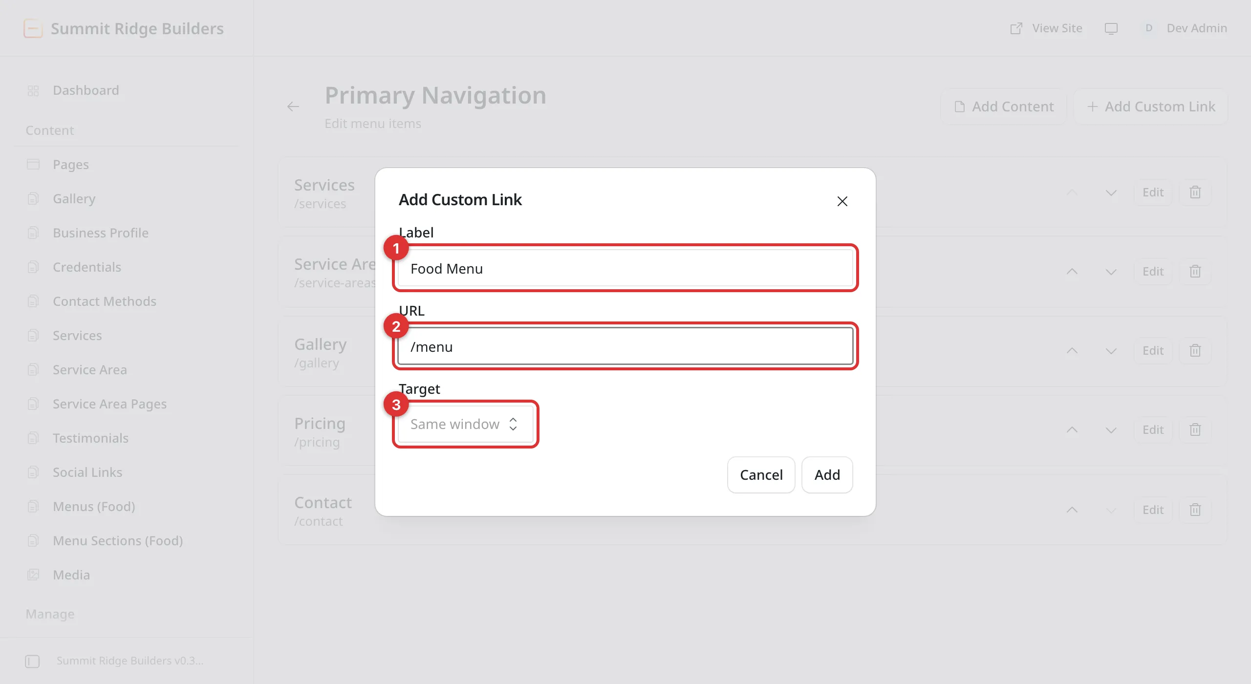 The Add Custom Link box with three numbered marks: 1 on Label, 2 on URL, 3 on Target. Label reads Food Menu and URL reads slash menu.