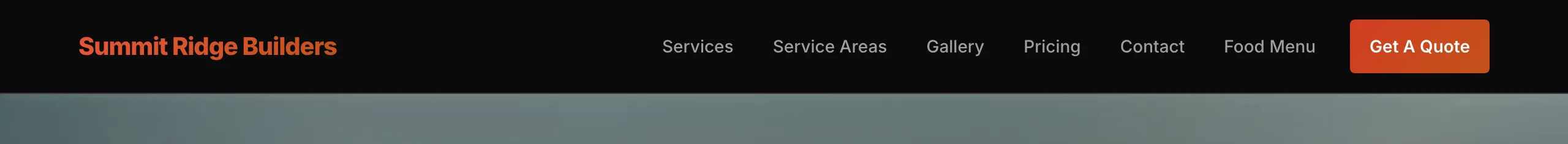 The top of the live website. The link bar reads Services, Service Areas, Gallery, Pricing, Contact, Food Menu, then a Get A Quote button.