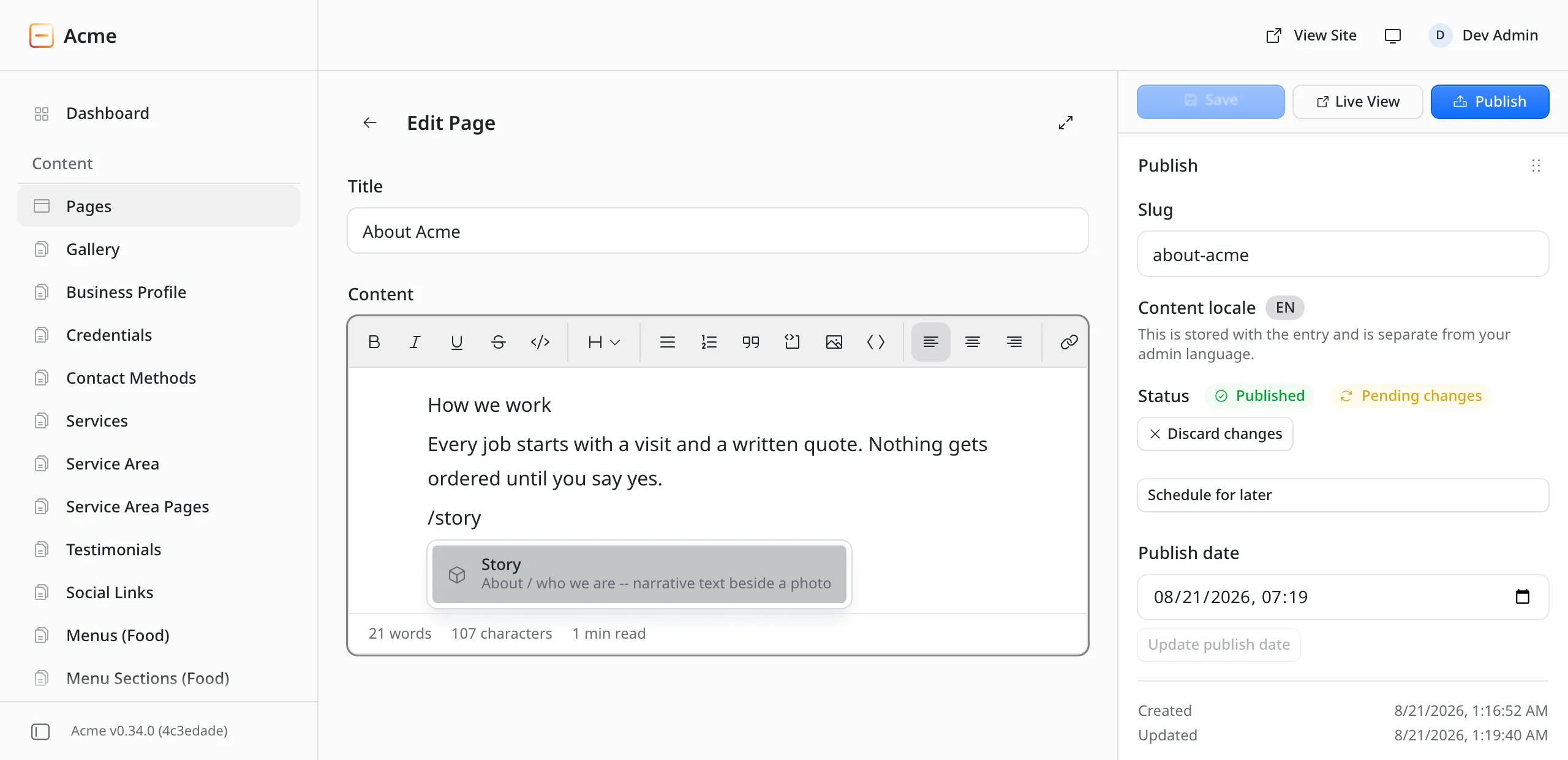 The page editor with a slash typed on an empty line and a short menu open, showing the Story block.