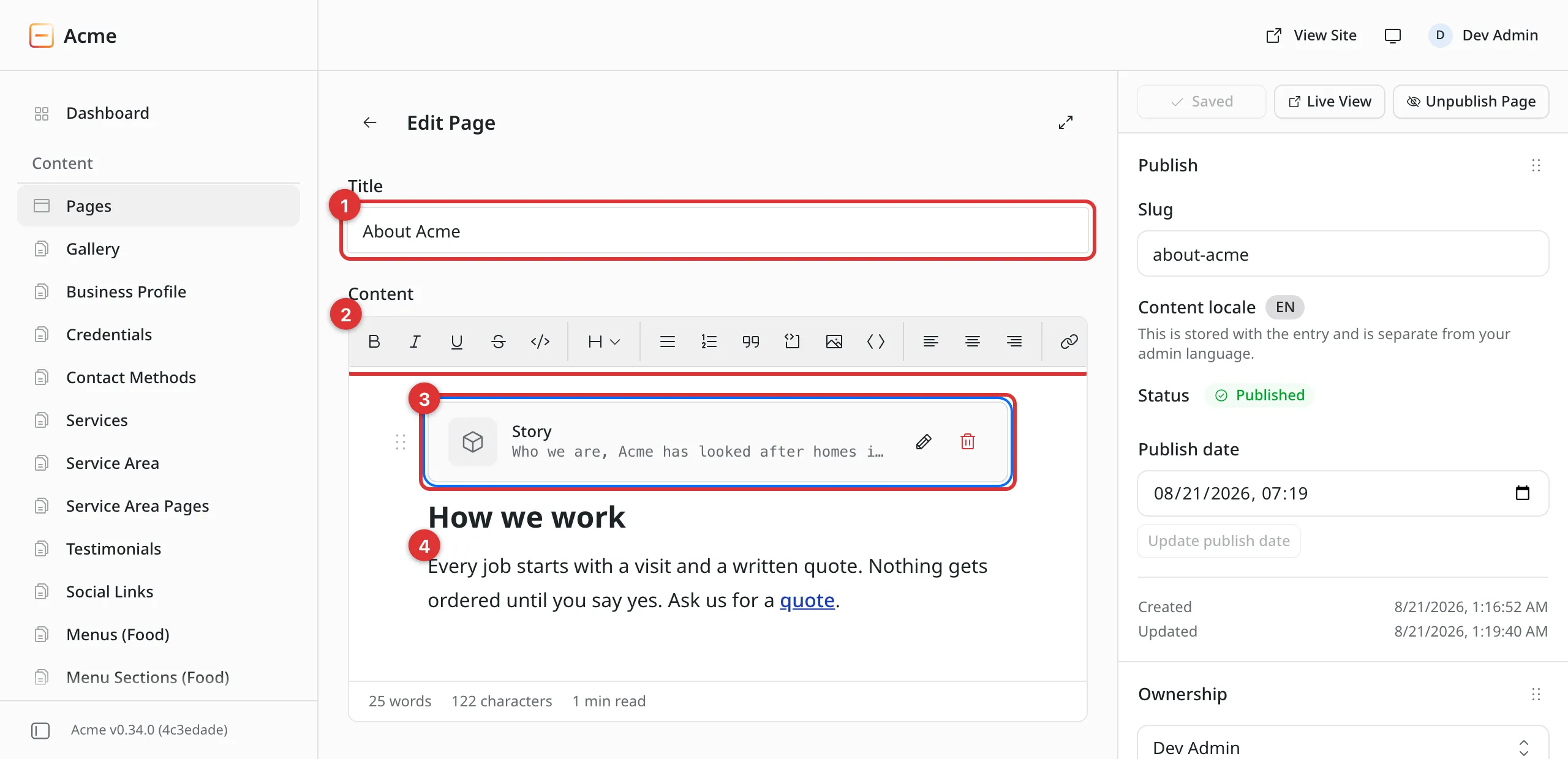 The page editor. Four numbered marks: 1 on the Title box, 2 on the row of formatting buttons, 3 on a gray block card, 4 on a line of ordinary text.