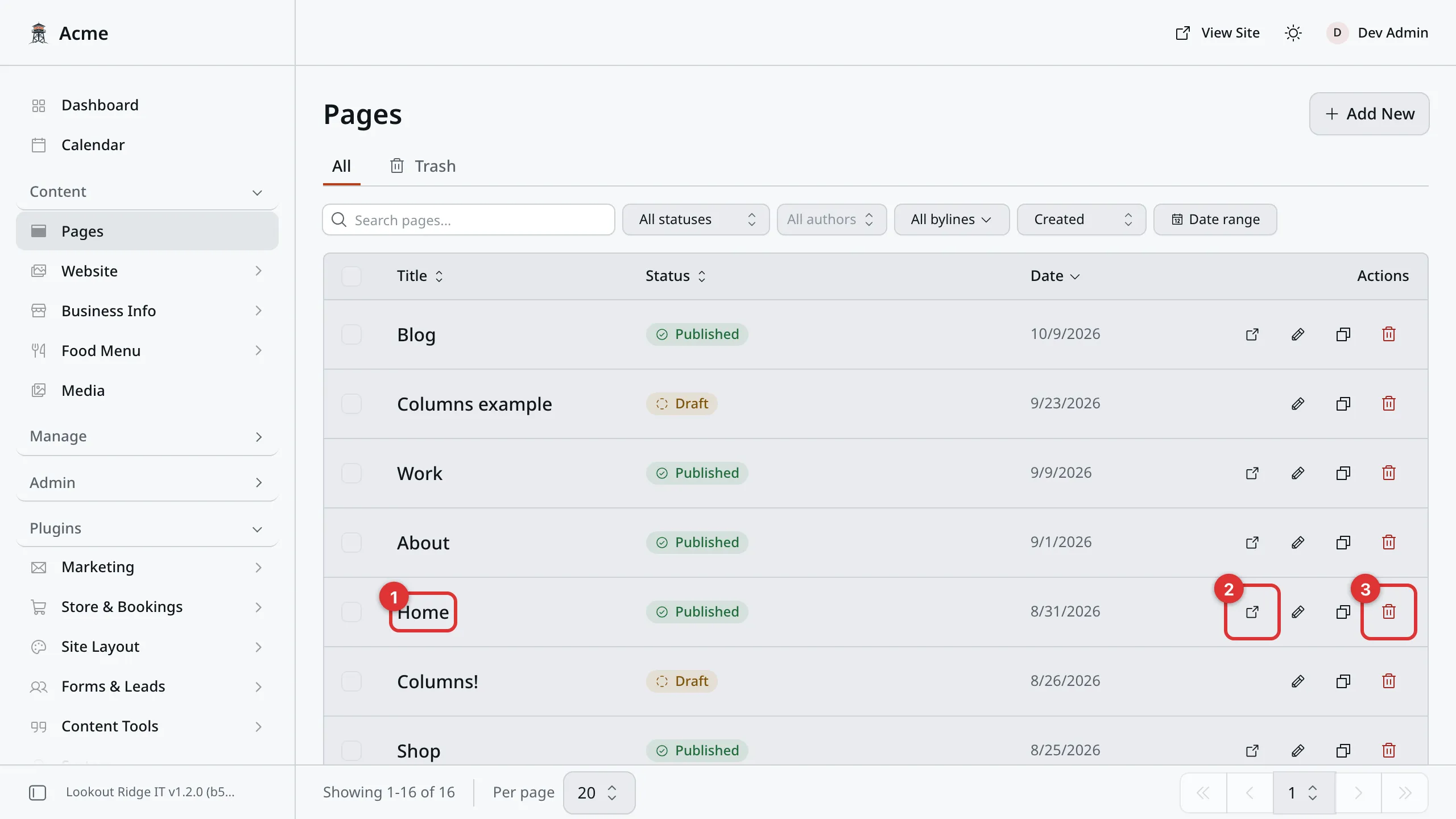 The Pages list. Three numbered marks: 1 on the page title Home, 2 on the view icon in its row, 3 on the red trash icon.