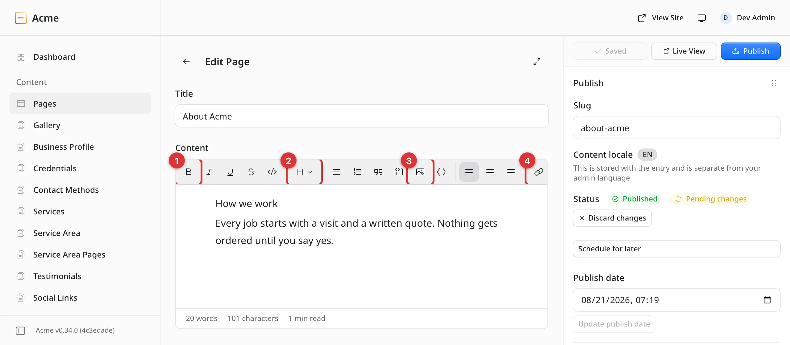The row of formatting buttons above the Content box. Four numbered marks: 1 on the bold button, 2 on the headings button, 3 on the image button, 4 on the link button.