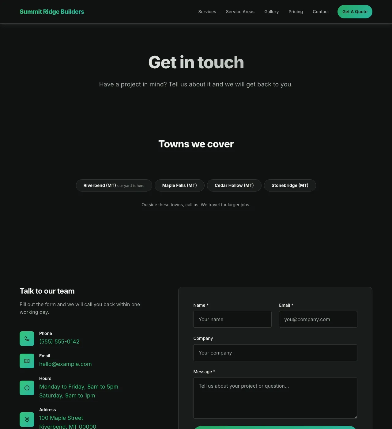 The sample Contact page in the Pine Hollow palette, dark mode: the header, the Get in touch heading, the town buttons, and the form.