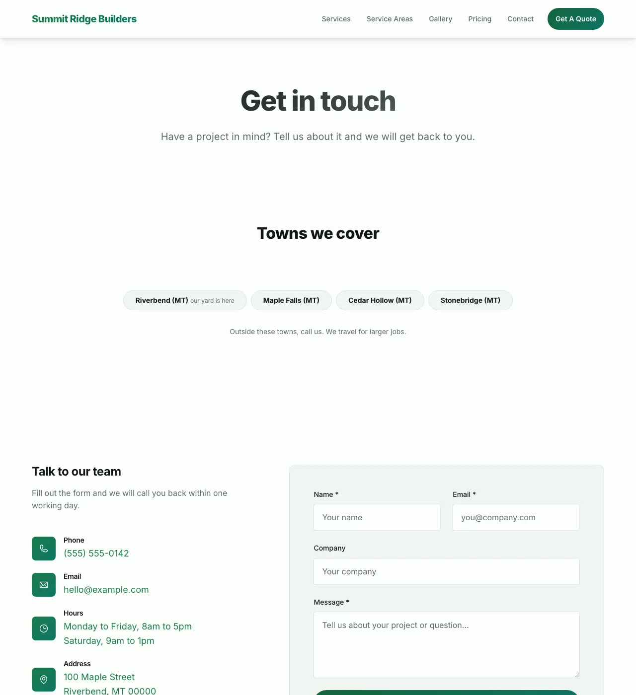 The sample Contact page in the Pine Hollow palette, light mode: the header, the Get in touch heading, the town buttons, and the form.