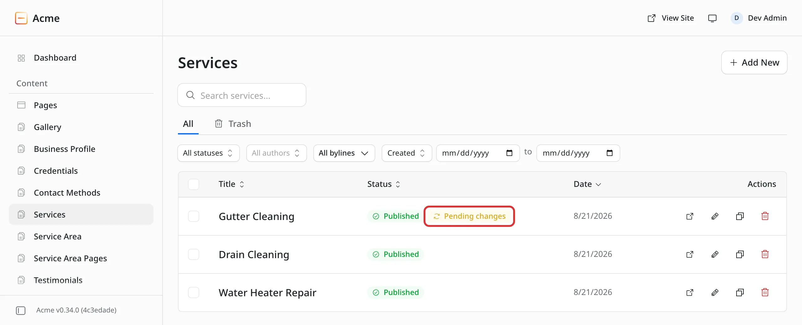 The Services list with the yellow Pending changes tag outlined in red beside a published entry.
