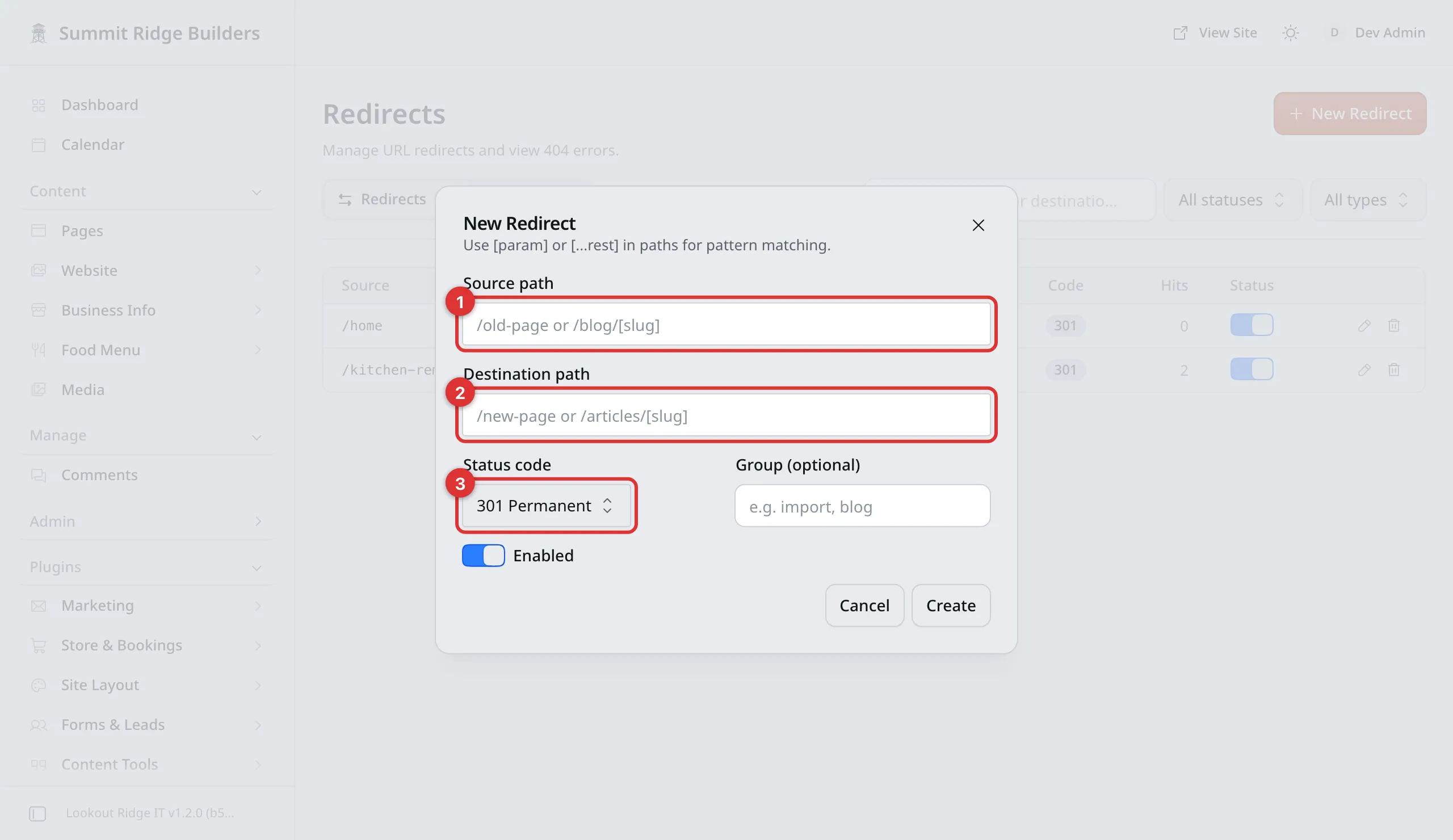 The New Redirect box with three numbered marks: 1 on Source path, 2 on Destination path, 3 on Status code, which reads 301 Permanent. The two path boxes are empty.