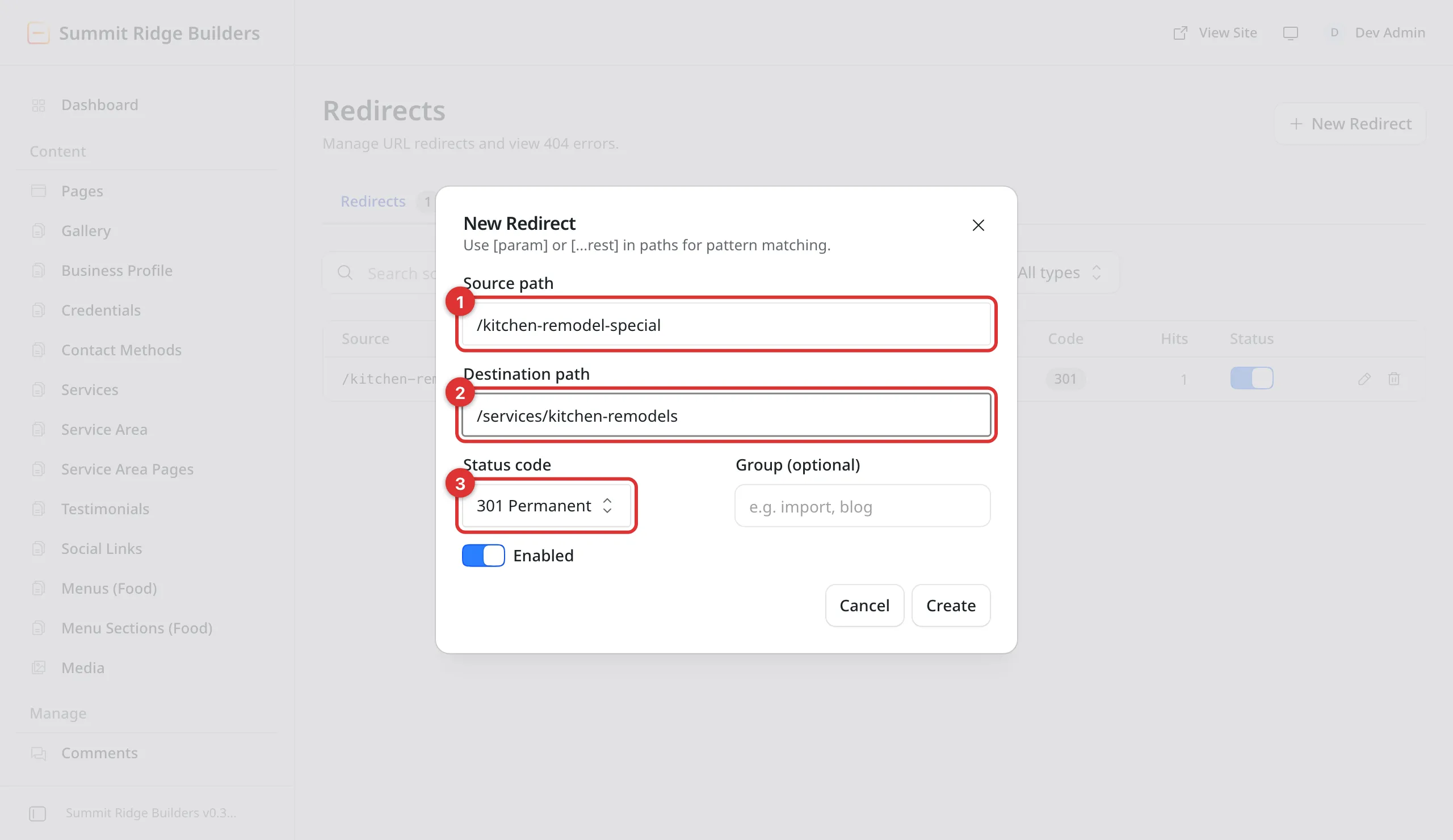 The New Redirect box with three numbered marks: 1 on Source path, 2 on Destination path, 3 on Status code. Source reads slash kitchen dash remodel dash special and destination reads slash services slash kitchen dash remodels.