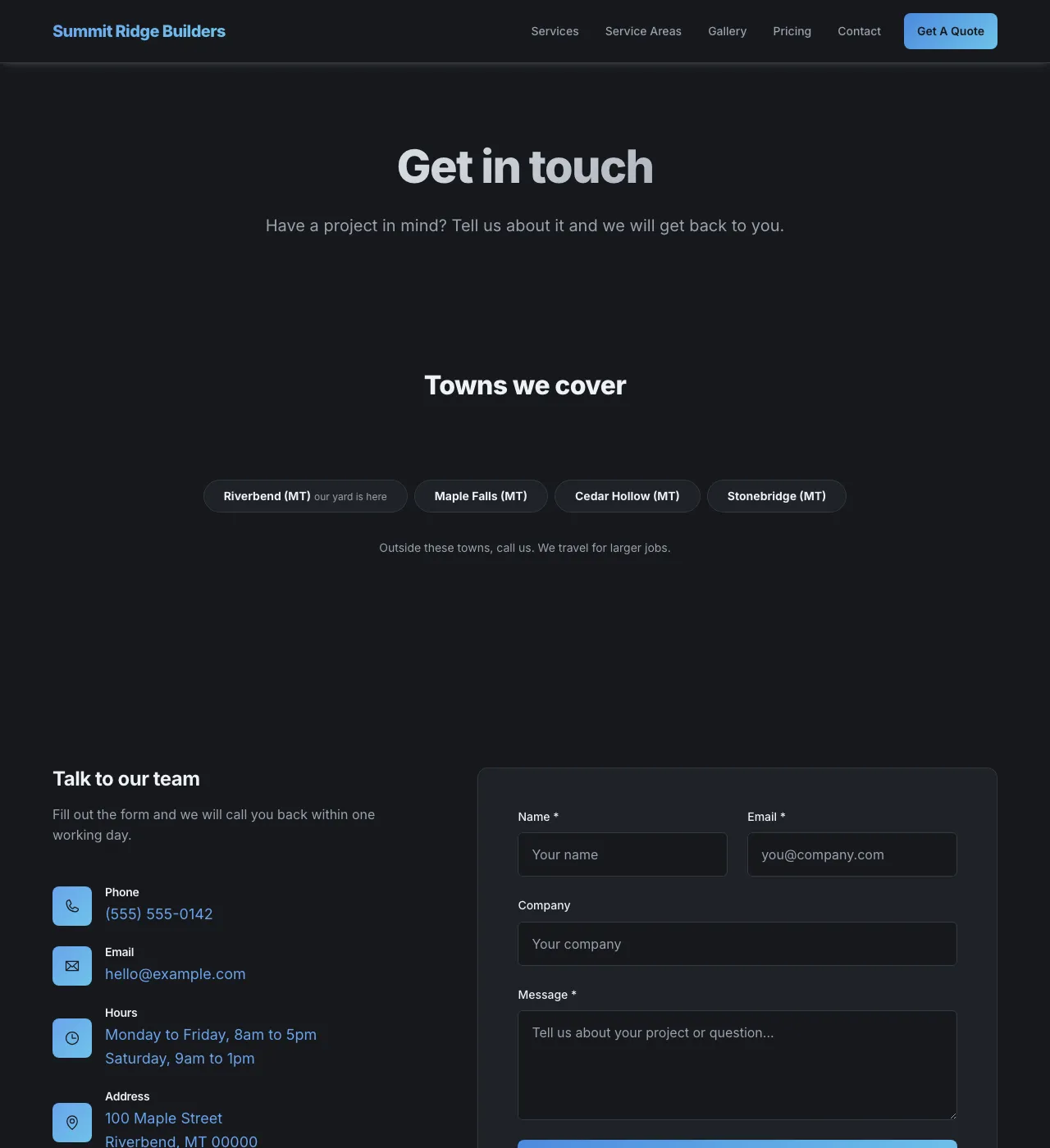 The sample Contact page in the River Bend palette, dark mode: the header, the Get in touch heading, the town buttons, and the form.