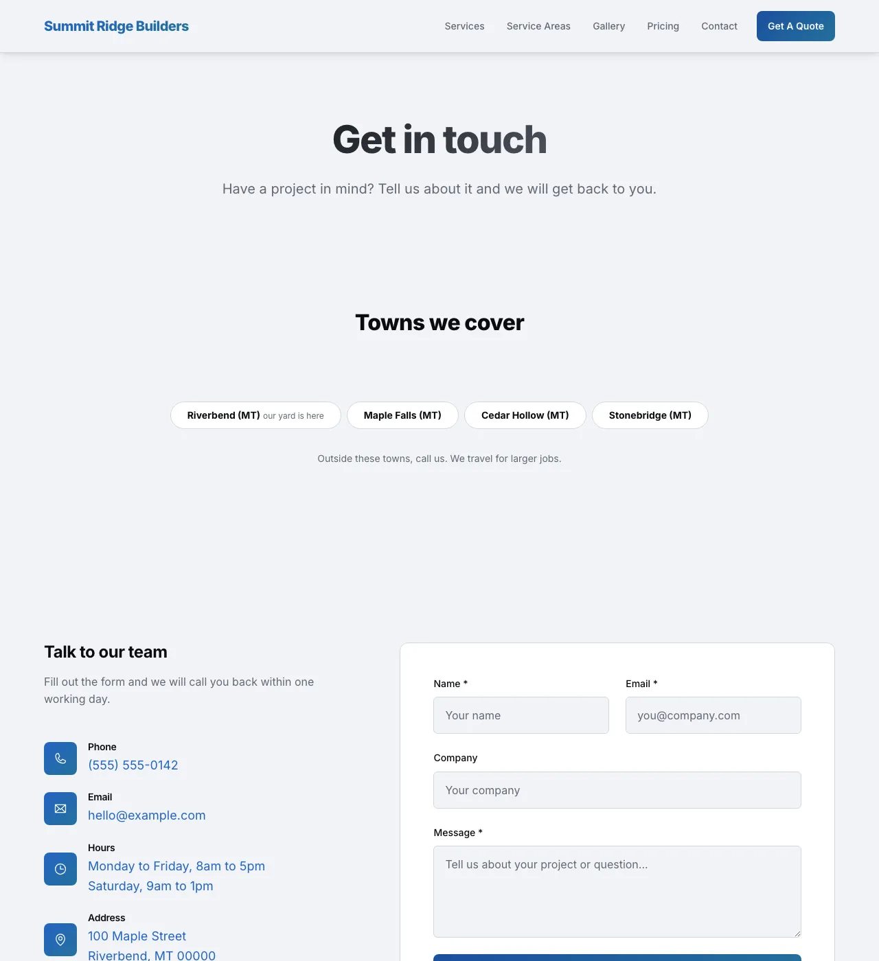 The sample Contact page in the River Bend palette, light mode: the header, the Get in touch heading, the town buttons, and the form.