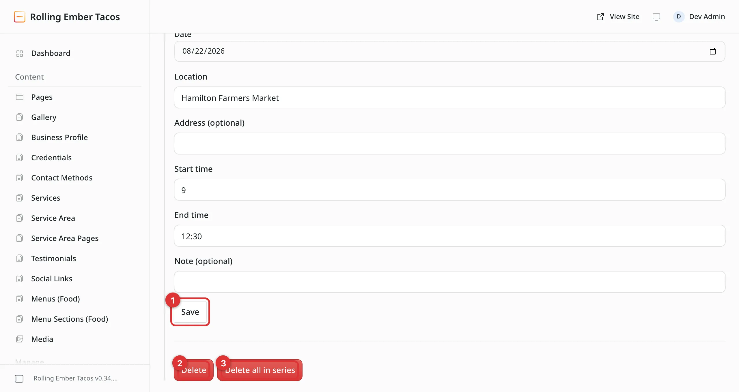One stop open, showing its date, location, address, times and note. Three numbered marks: 1 on Save, 2 on the red Delete button, 3 on the red Delete all in series button.
