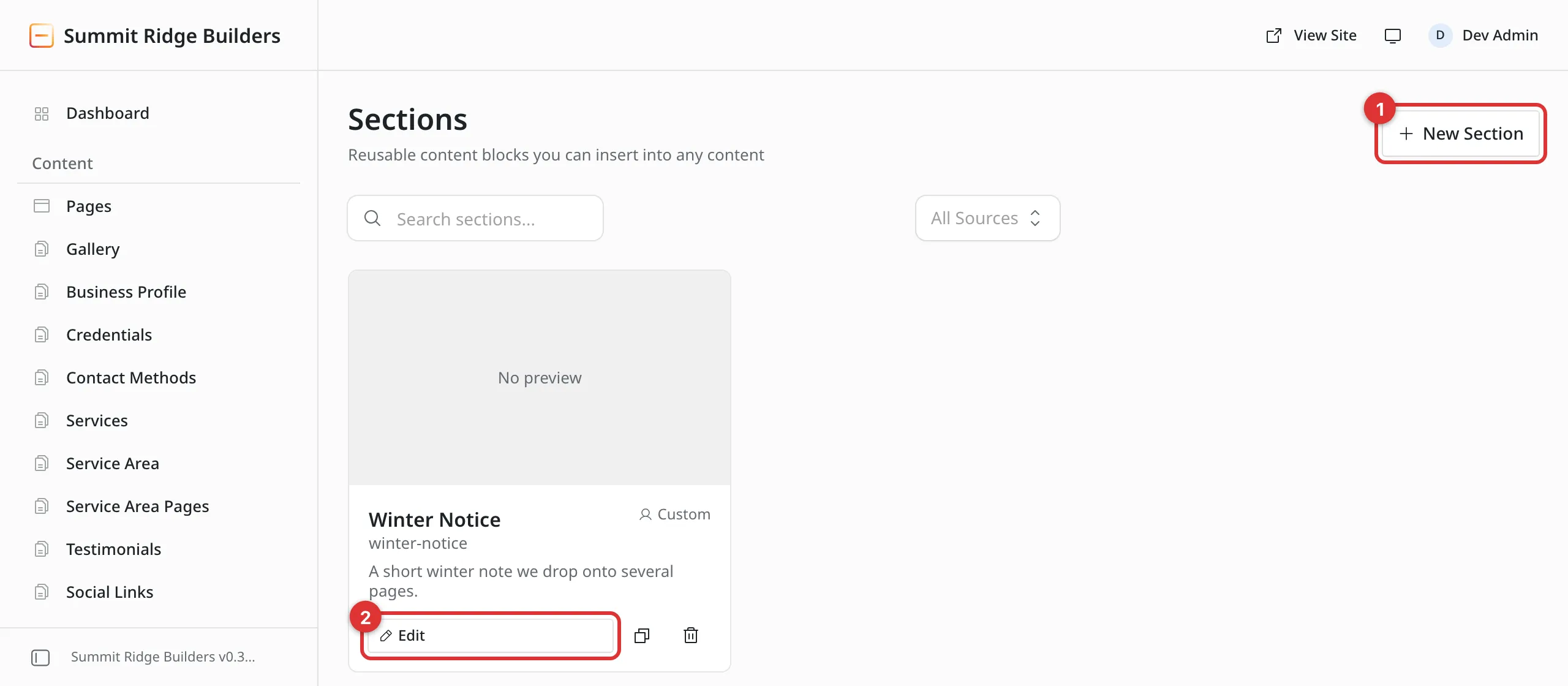 The Sections screen with two numbered marks: 1 on New Section, 2 on the Edit button of a card named Winter Notice.