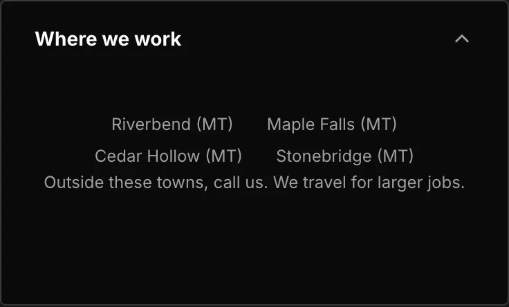 The footer of the live site, showing the heading Where we work above four town names.