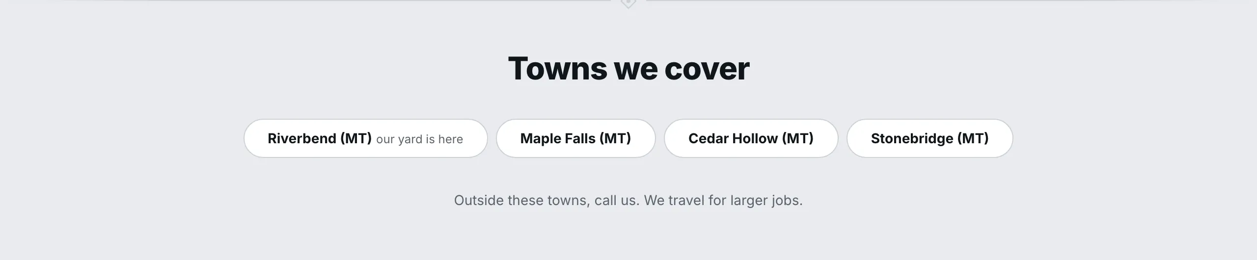 A Service Area section on the live Contact page, with four towns shown as rounded chips.