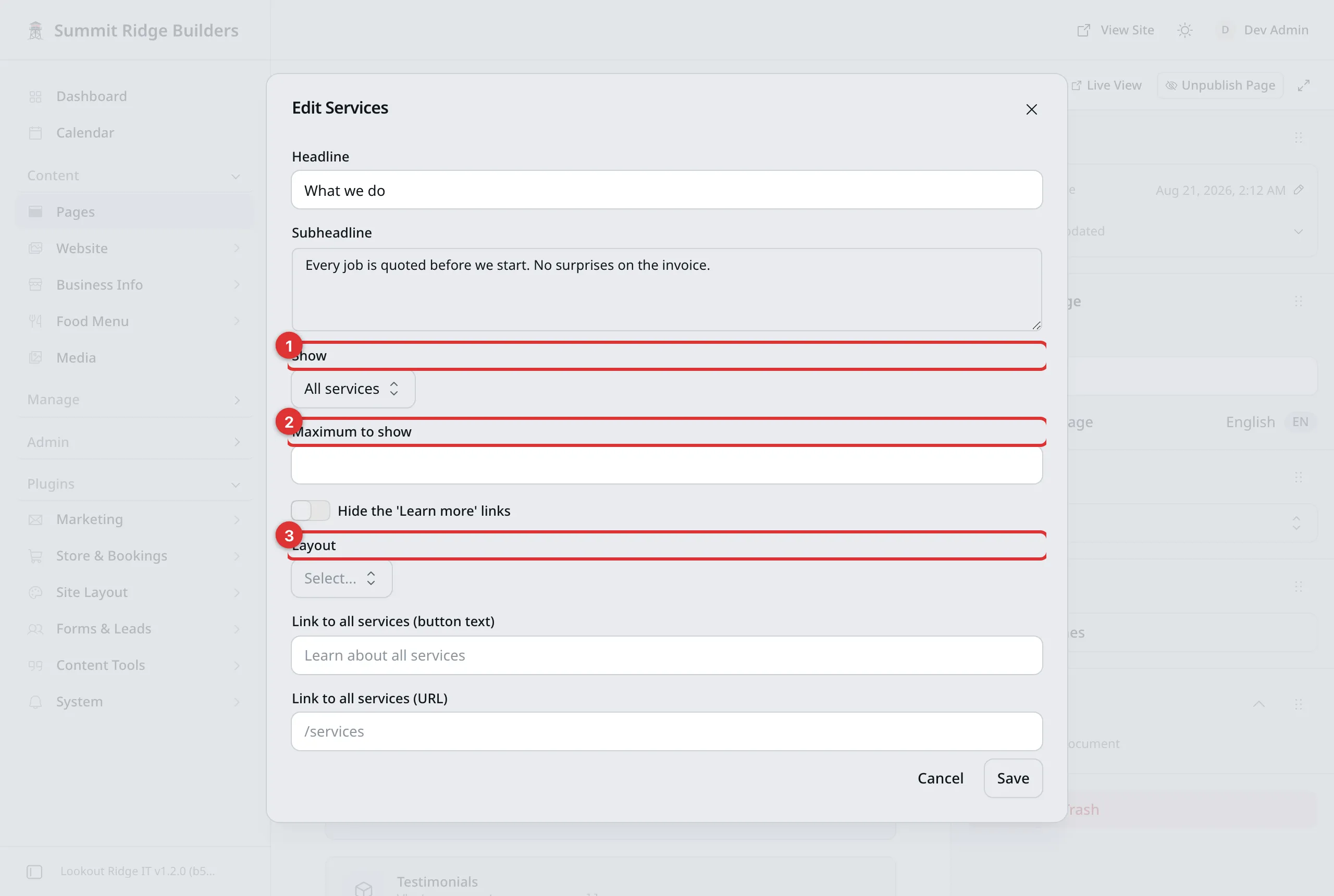 The Edit Services form with three numbered marks: 1 on Show, 2 on Maximum to show, 3 on Layout.