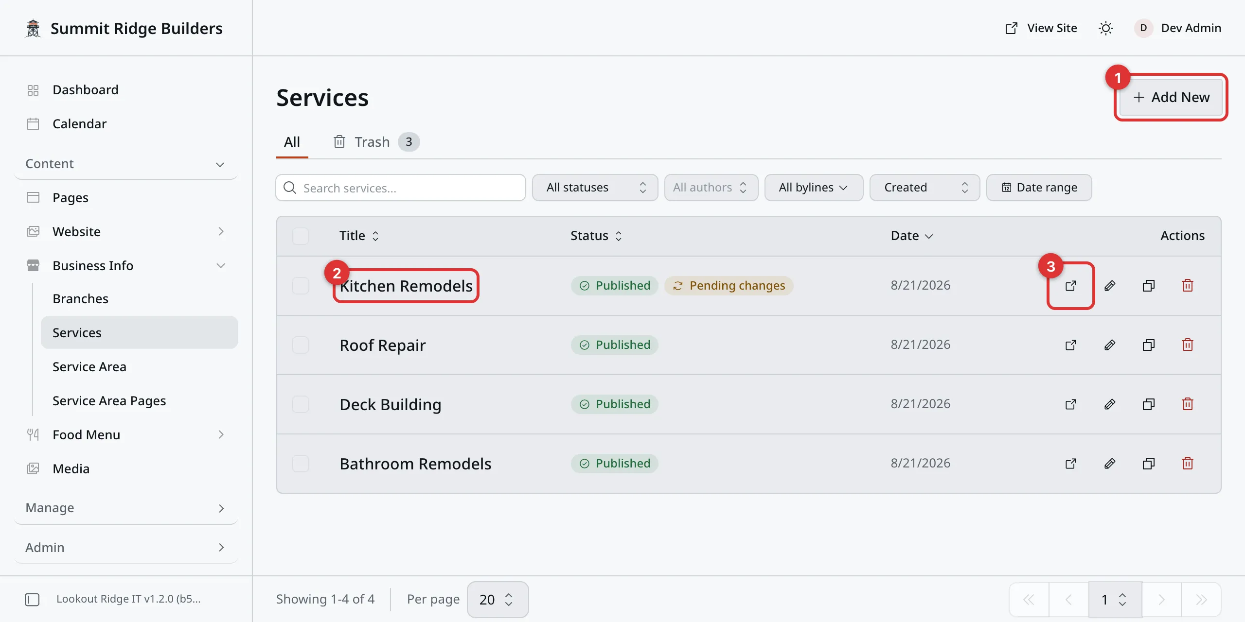 The Services list with three numbered marks: 1 on Add New, 2 on a service title, 3 on the view icon in that row.
