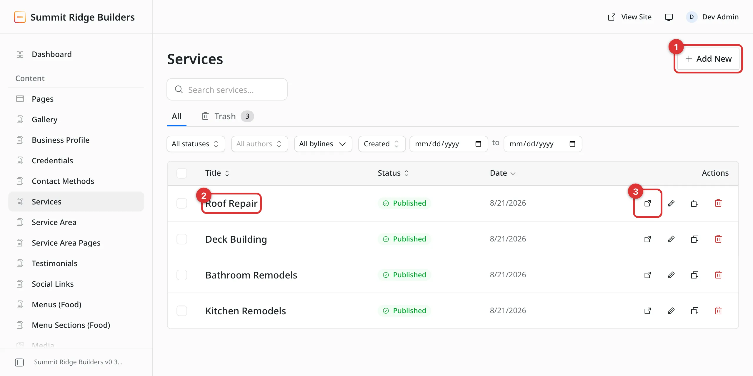 The Services list with three numbered marks: 1 on Add New, 2 on a service title, 3 on the view icon in that row.