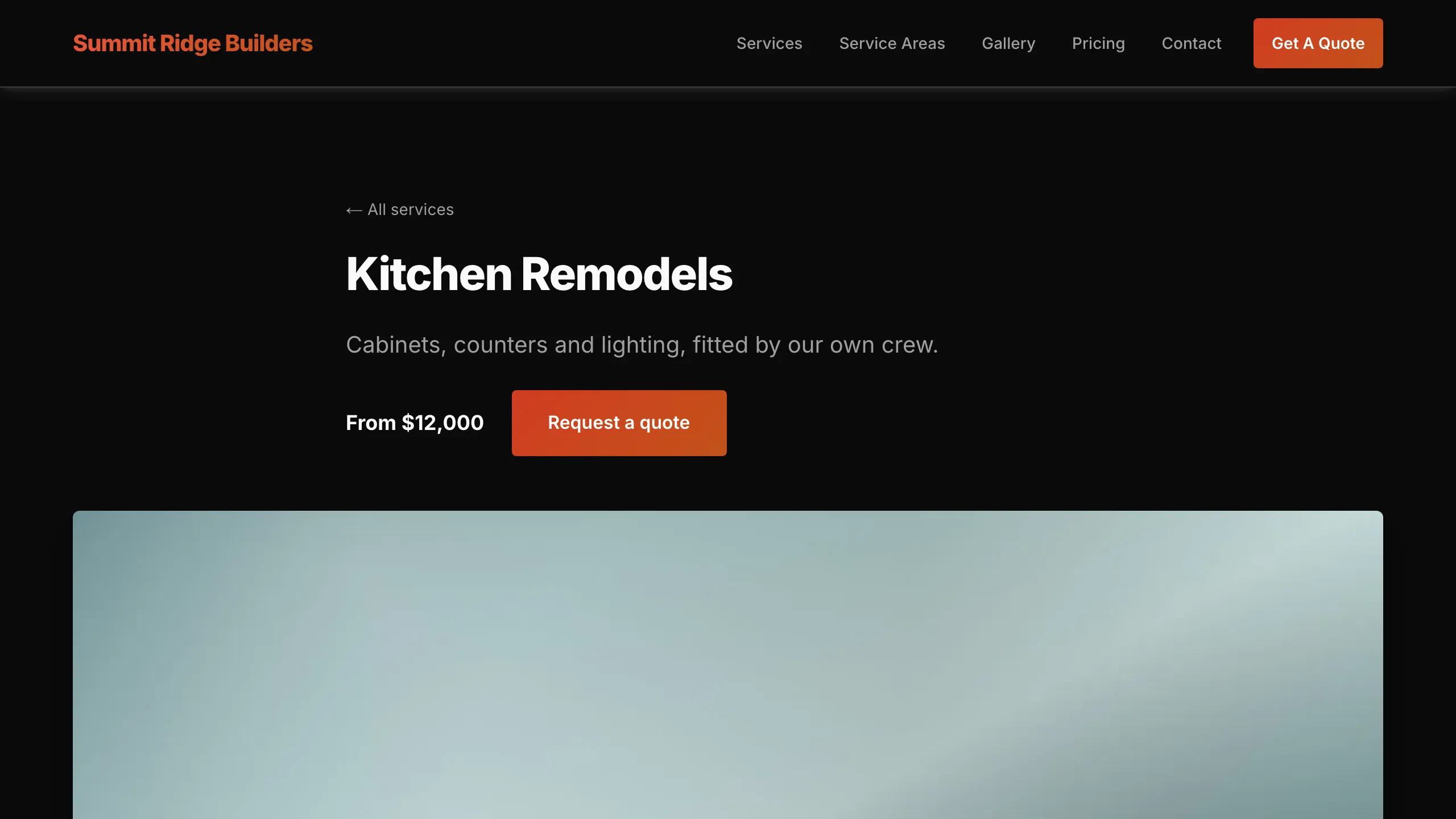 The live Kitchen Remodels page, showing the name, the summary, a From price and a Request a quote button.