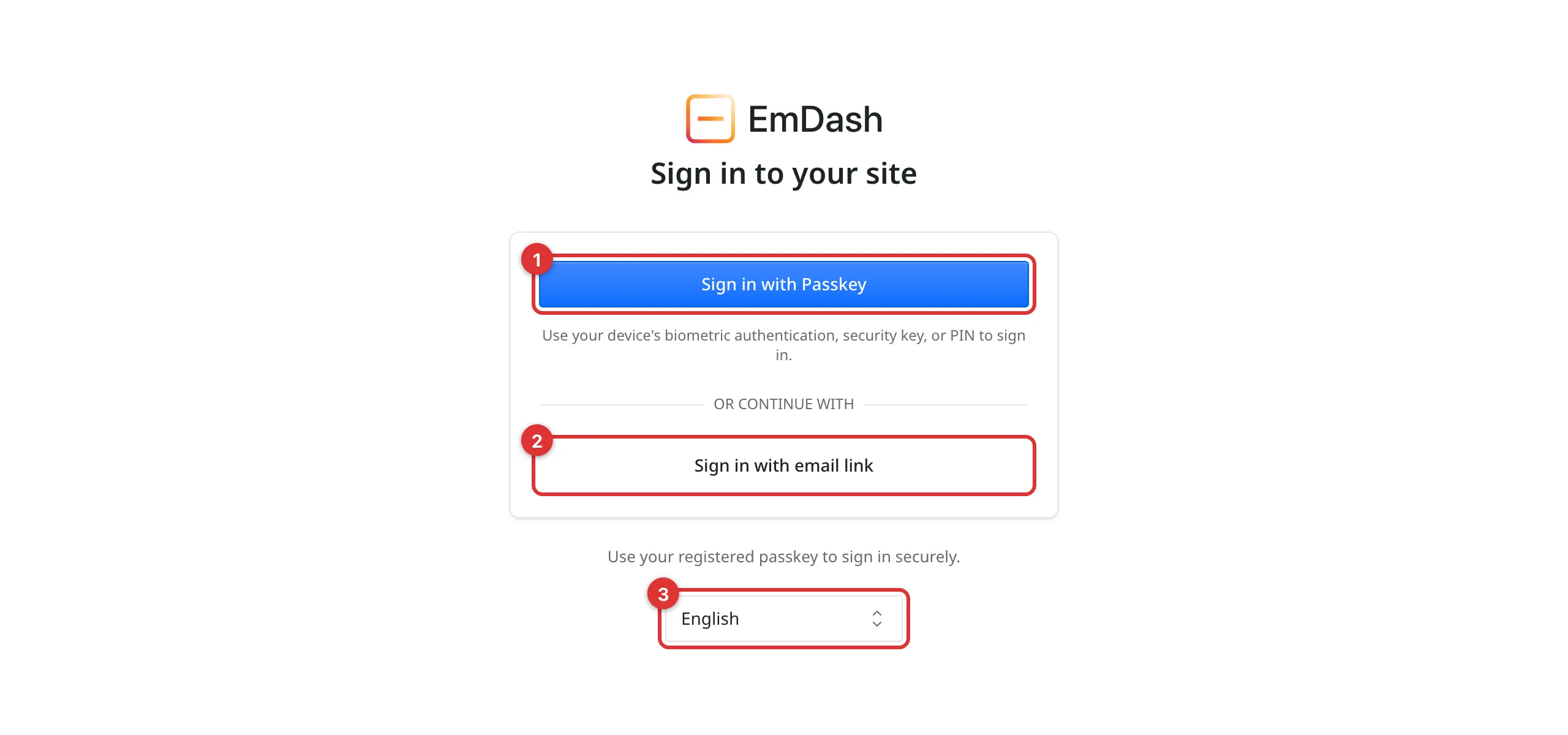 The EmDash sign in screen with three numbered markers: 1 on Sign in with Passkey, 2 on Sign in with email link, and 3 on the language picker.