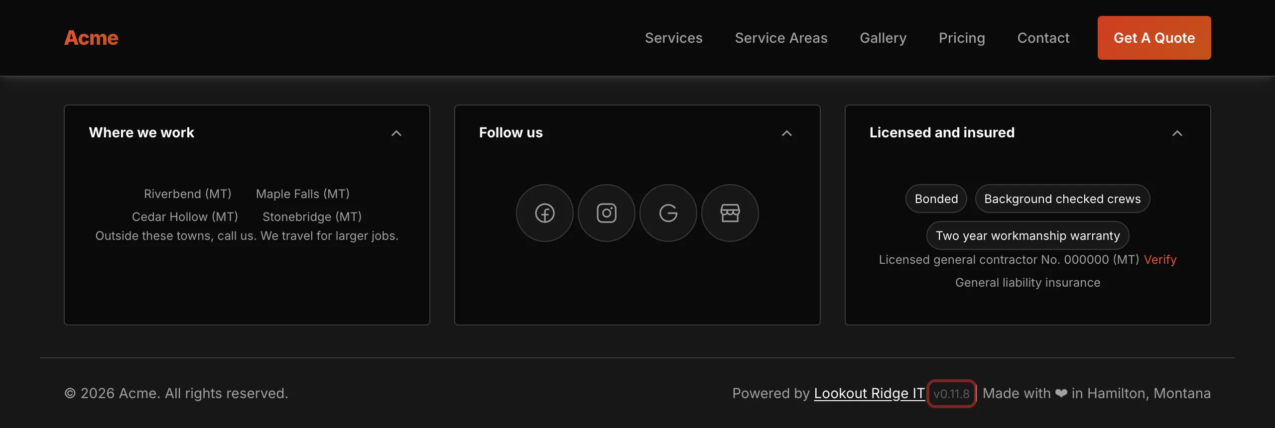 The bottom of a website. The version number after Powered by Lookout Ridge IT is outlined in red.