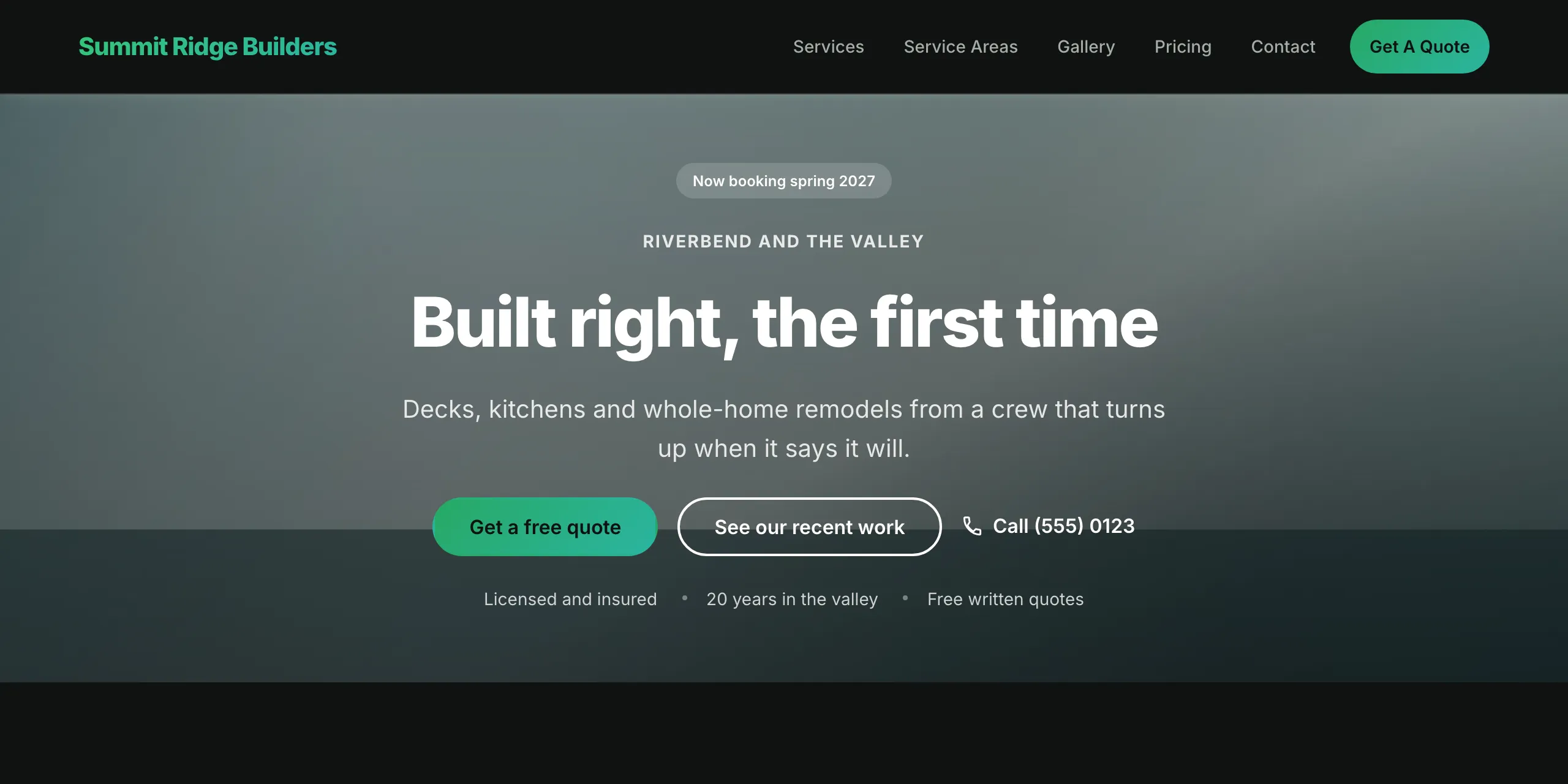 The same page in the Pine Hollow palette. The business name and the same two buttons are now green, and the buttons have rounded ends.