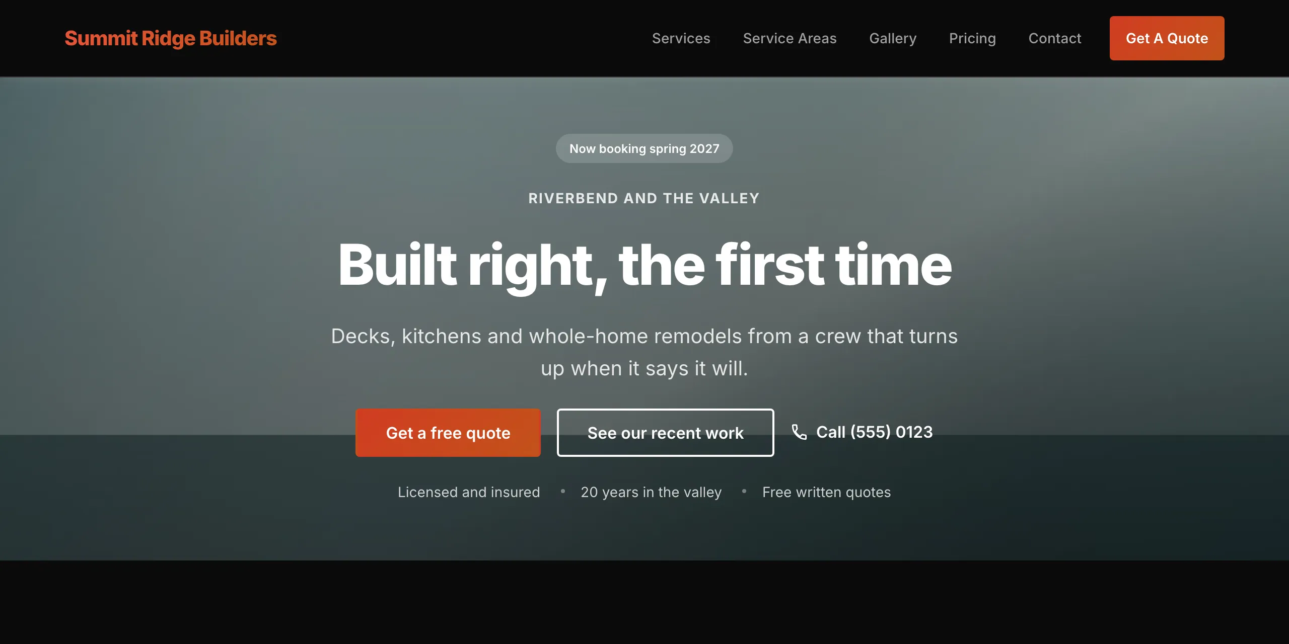The top of the live website in the Ember Trail palette. The business name, the Get A Quote button and the Get a free quote button are all orange.