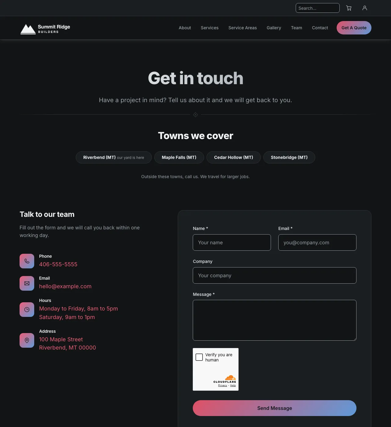 The sample Contact page in the Summit Ridge palette, dark mode: the header, the Get in touch heading, the town buttons, and the form.