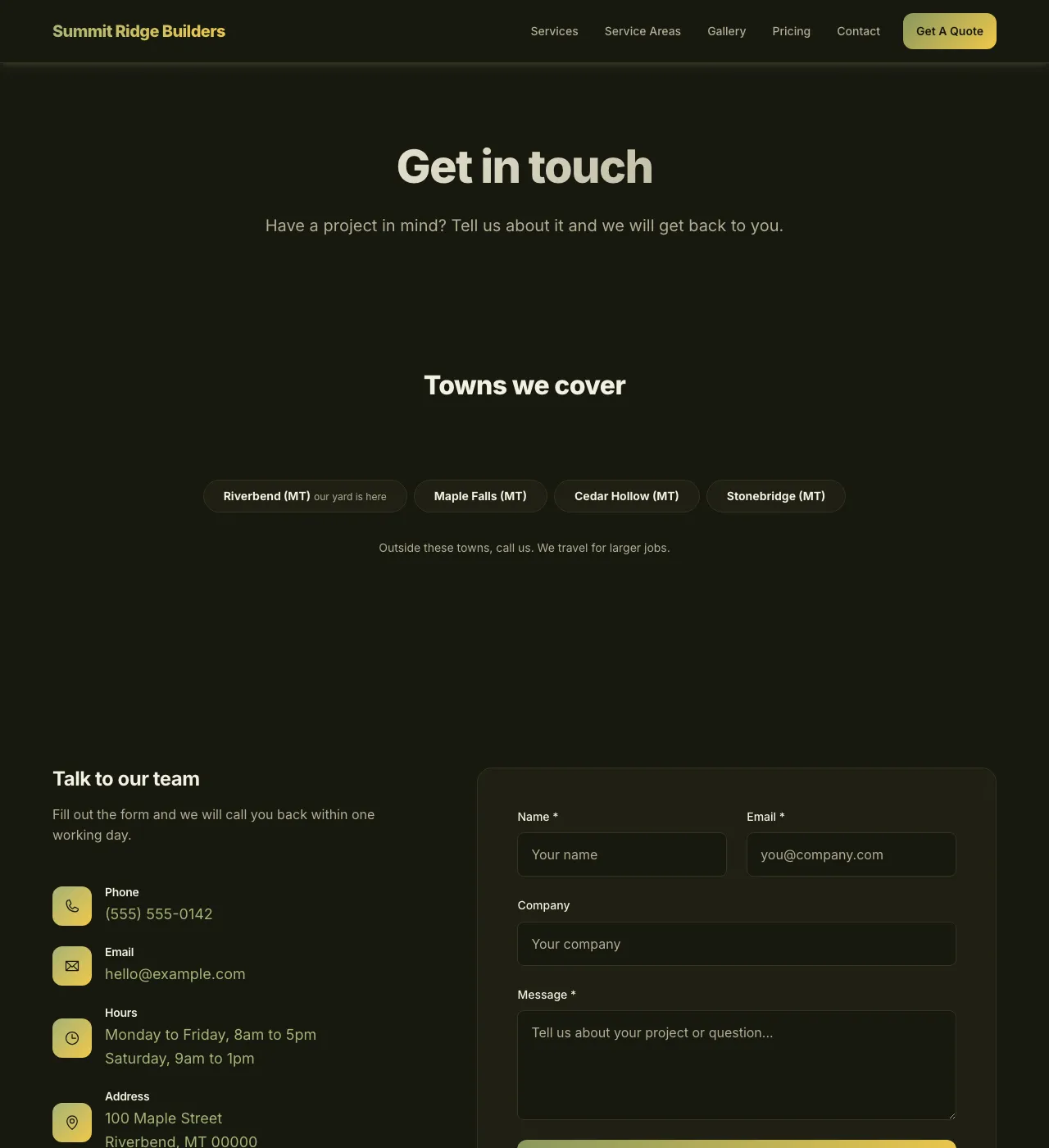 The sample Contact page in the Sunflower Field palette, dark mode: the header, the Get in touch heading, the town buttons, and the form.