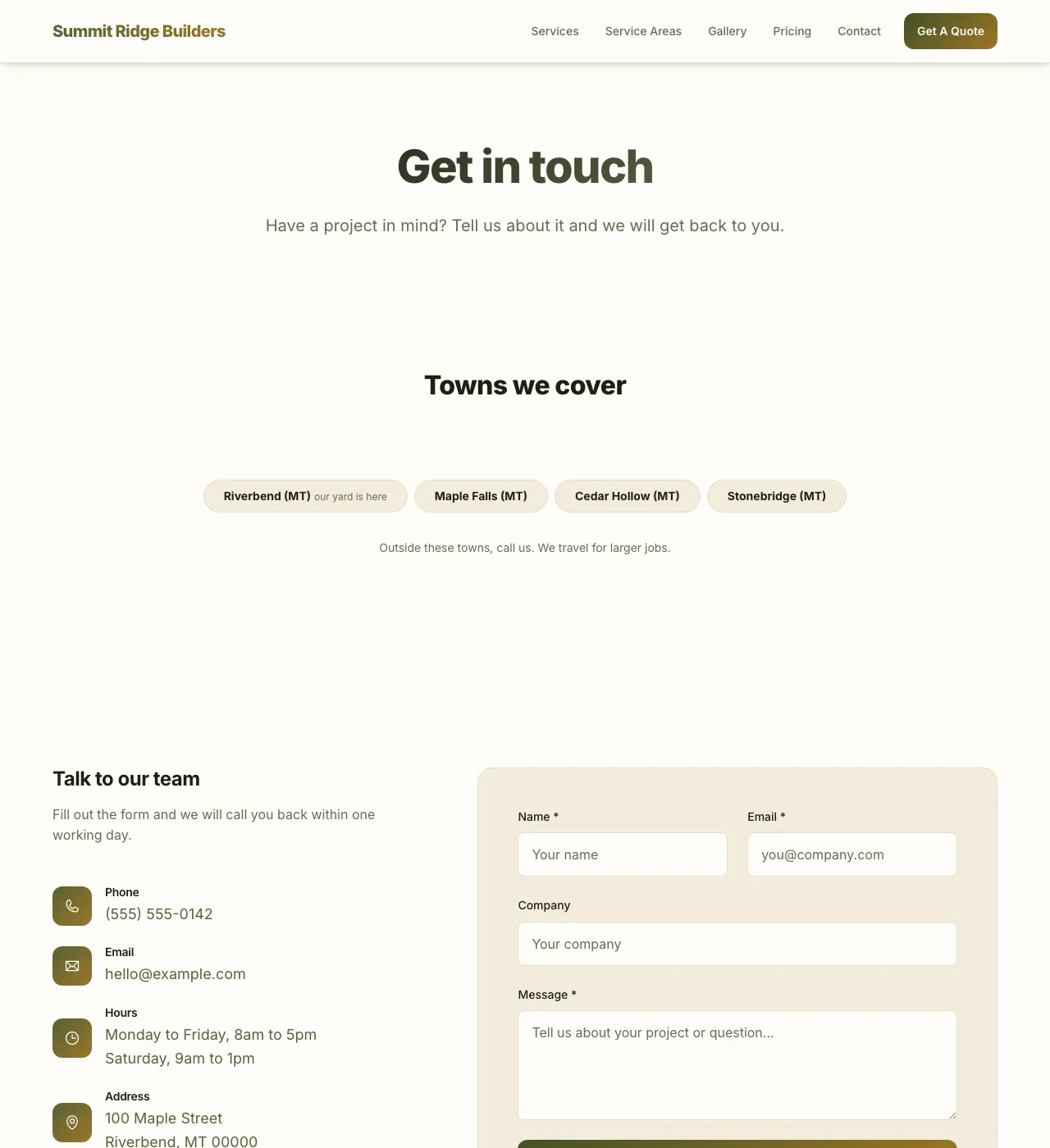The sample Contact page in the Sunflower Field palette, light mode: the header, the Get in touch heading, the town buttons, and the form.
