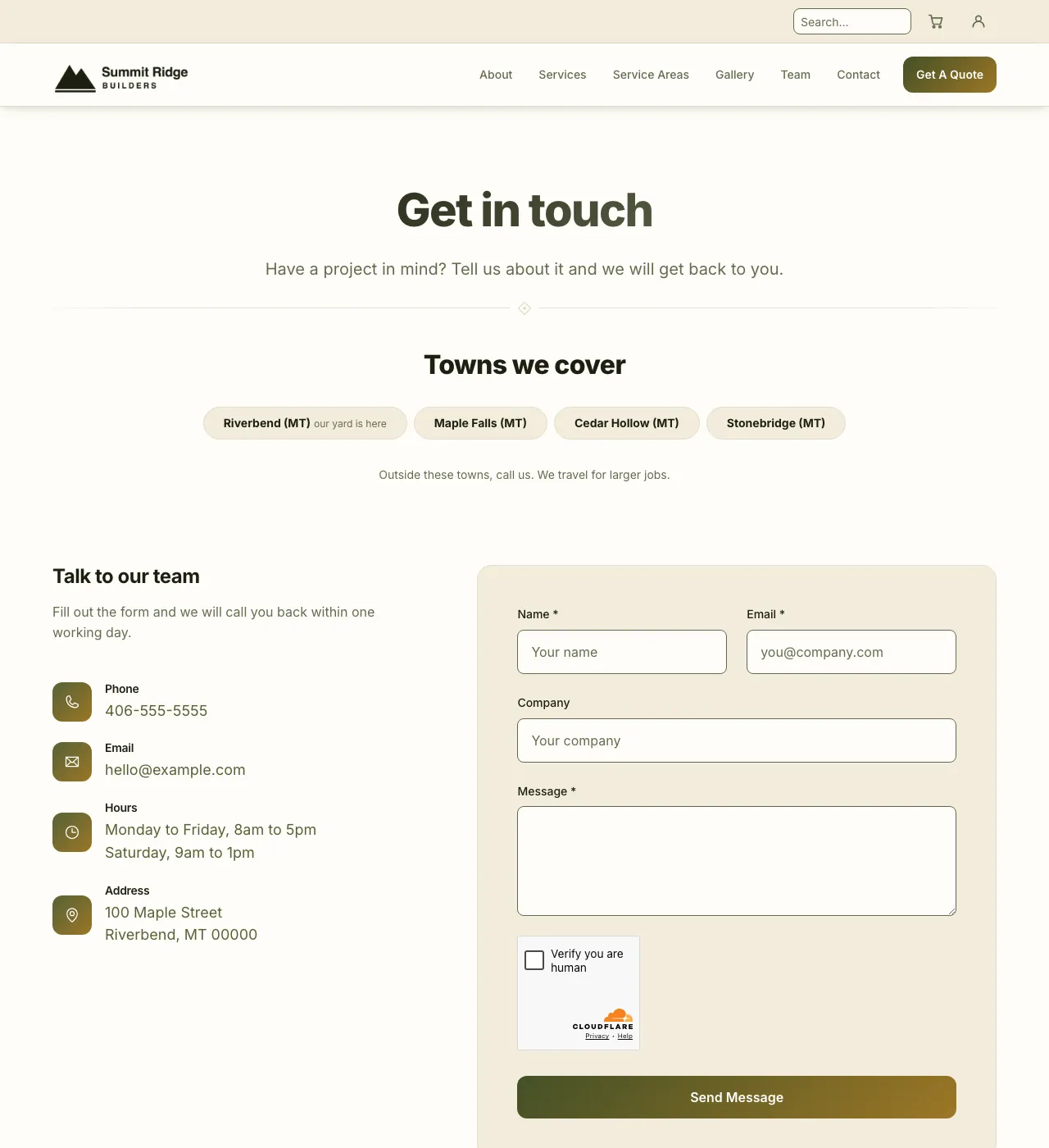 The sample Contact page in the Sunflower Field palette, light mode: the header, the Get in touch heading, the town buttons, and the form.