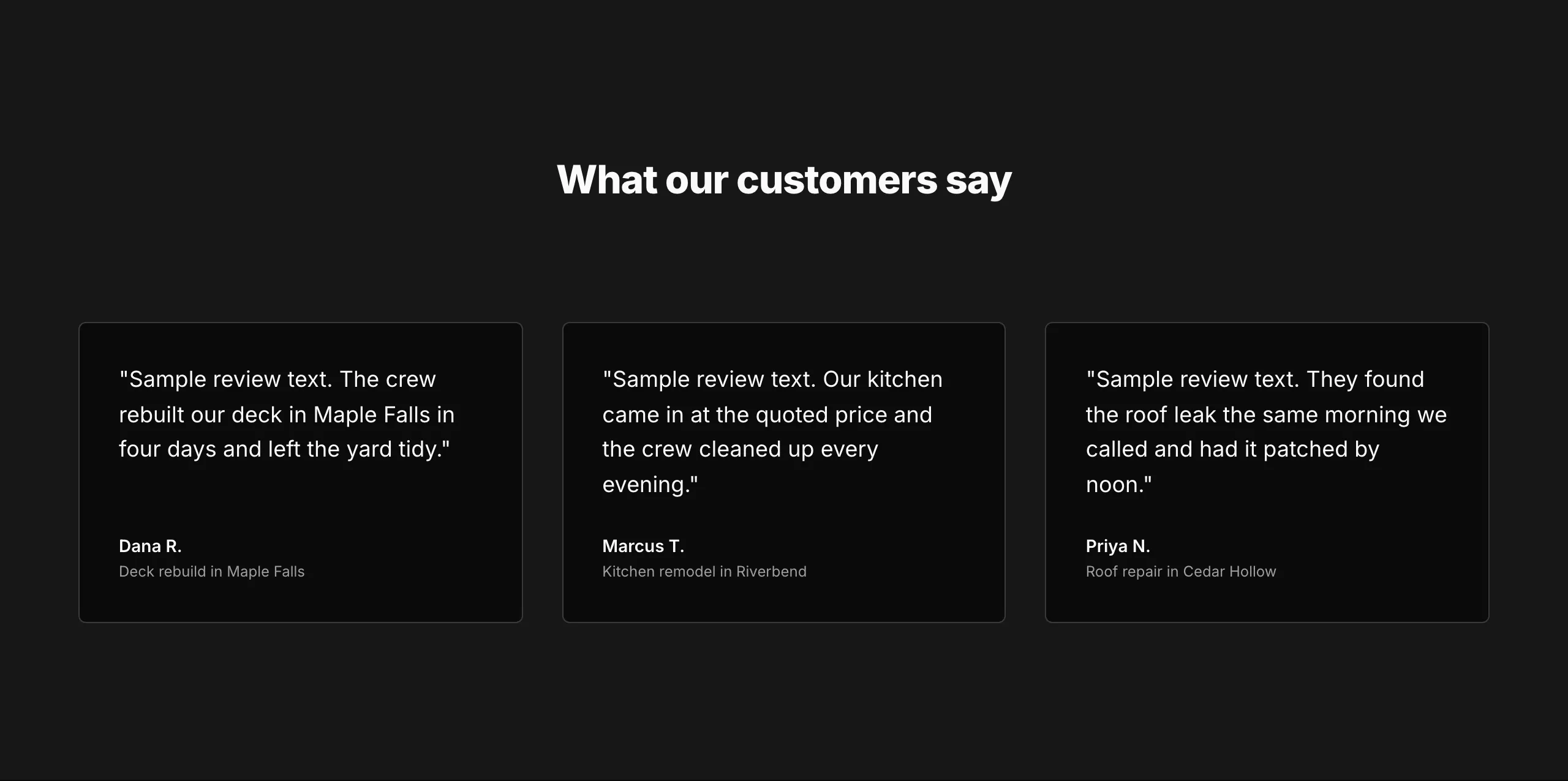The live testimonials section, showing three quote cards side by side with a name and a job under each.