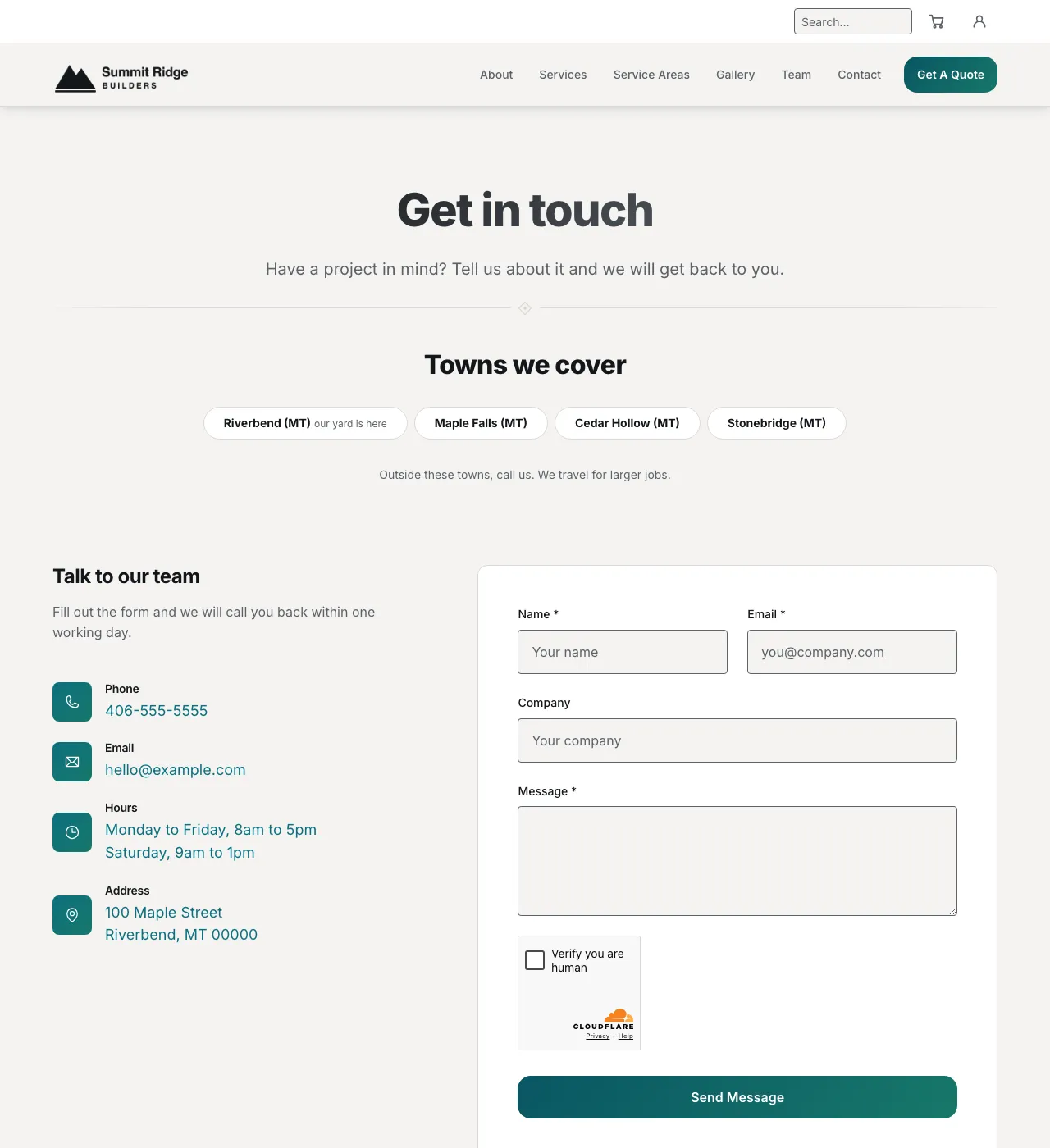 The sample Contact page in the Tide Pool palette, light mode: the header, the Get in touch heading, the town buttons, and the form.