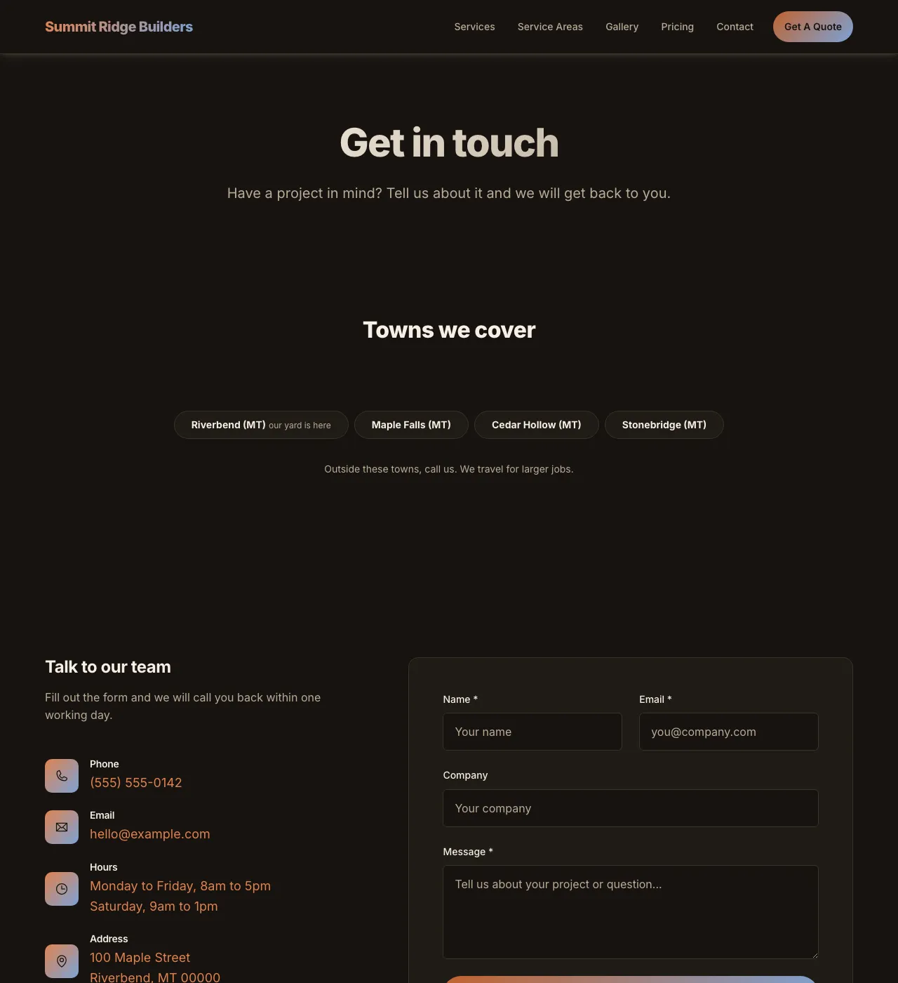 The sample Contact page in the Trailhead palette, dark mode: the header, the Get in touch heading, the town buttons, and the form.
