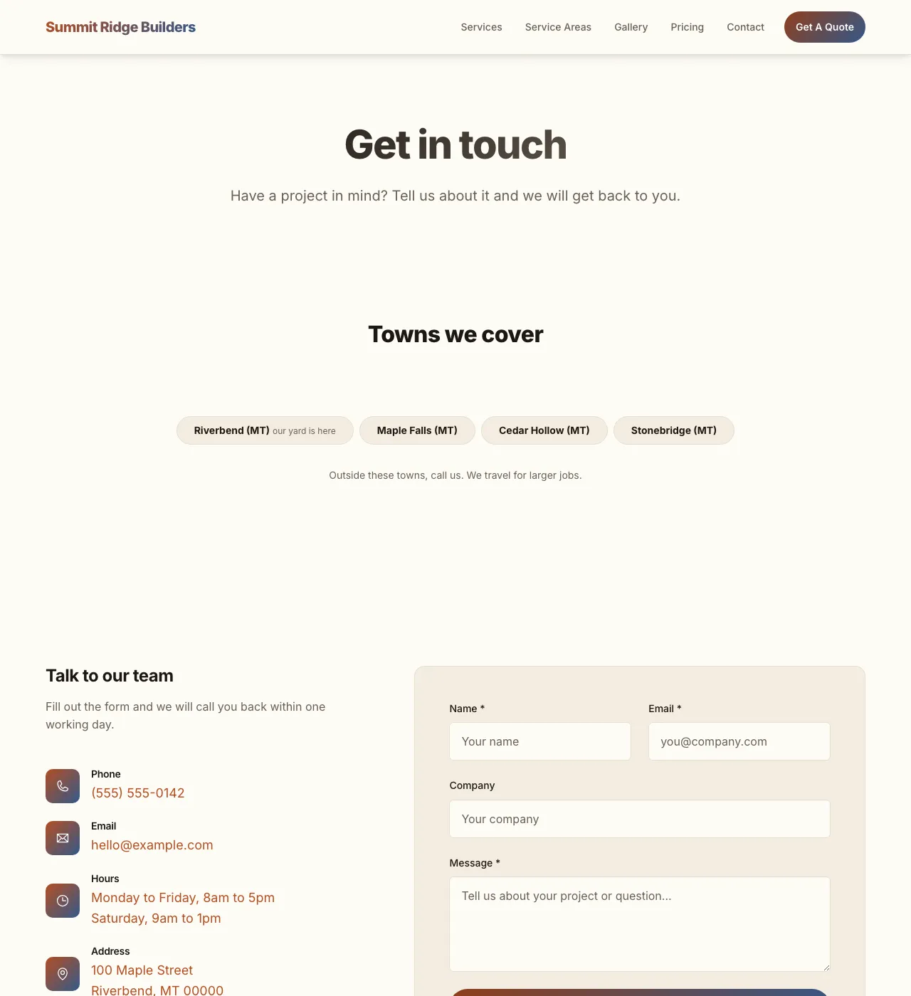 The sample Contact page in the Trailhead palette, light mode: the header, the Get in touch heading, the town buttons, and the form.